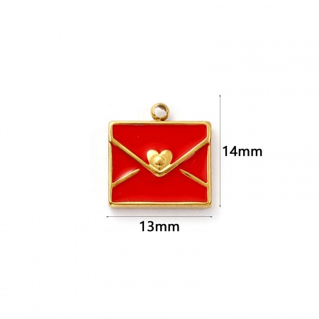 Picture of 2 PCs Eco-friendly PVD Vacuum Plating Waterproof Anti-Tarnish Hypoallergenic 304 Stainless Steel Valentine's Day Charms 18K Real Gold Plated Red Enamel Envelope Heart 14mm x 13mm