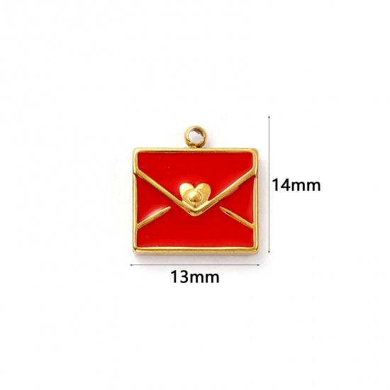 Picture of 2 PCs Eco-friendly PVD Vacuum Plating 304 Stainless Steel Valentine's Day Charms 18K Real Gold Plated Red Enamel Envelope Heart 14mm x 13mm
