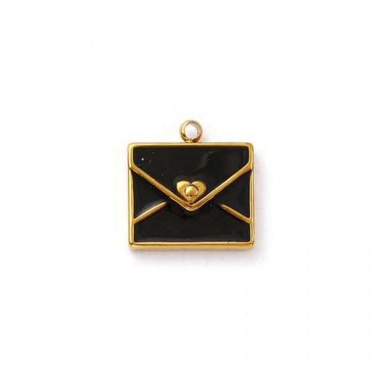 Picture of 2 PCs Eco-friendly PVD Vacuum Plating 304 Stainless Steel Valentine's Day Charms 18K Real Gold Plated Black Enamel Envelope Heart 14mm x 13mm