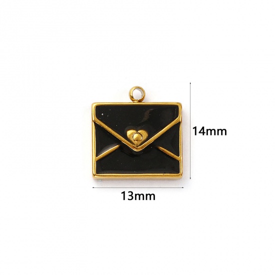 Picture of 2 PCs Eco-friendly PVD Vacuum Plating 304 Stainless Steel Valentine's Day Charms 18K Real Gold Plated Black Enamel Envelope Heart 14mm x 13mm