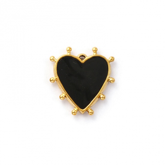 Picture of 2 PCs Eco-friendly PVD Vacuum Plating 304 Stainless Steel Valentine's Day Charms 18K Real Gold Plated Black Enamel Heart 19mm x 18mm