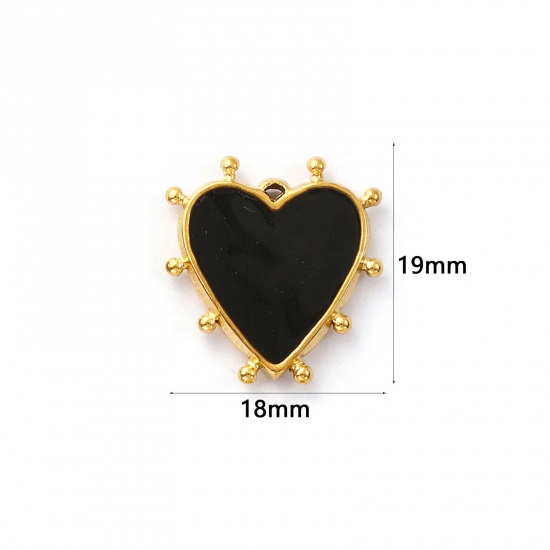 Picture of 2 PCs Eco-friendly PVD Vacuum Plating 304 Stainless Steel Valentine's Day Charms 18K Real Gold Plated Black Enamel Heart 19mm x 18mm