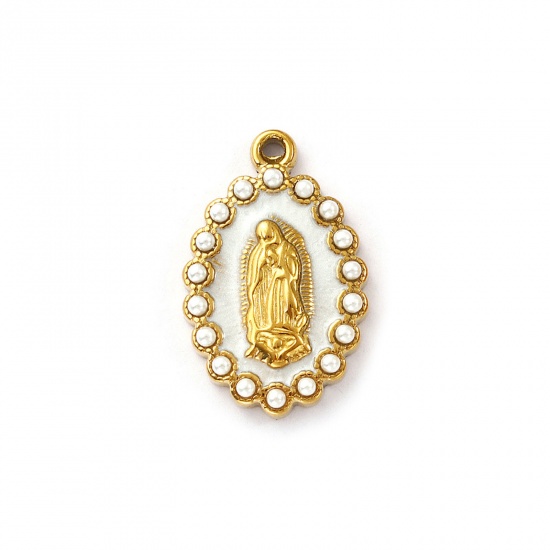 Picture of 2 PCs Eco-friendly PVD Vacuum Plating 304 Stainless Steel Religious Charms 18K Real Gold Plated White Enamel Oval Virgin Mary Acrylic Imitation Pearl 24mm x 15mm