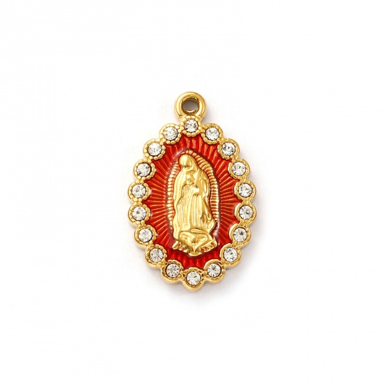 Picture of 2 PCs Eco-friendly PVD Vacuum Plating 304 Stainless Steel Religious Charms 18K Real Gold Plated Orange Enamel Oval Virgin Mary Clear Cubic Zirconia 24mm x 15mm