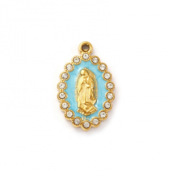 Picture of 2 PCs Eco-friendly PVD Vacuum Plating 304 Stainless Steel Religious Charms 18K Real Gold Plated Blue Enamel Oval Virgin Mary Pearlized Clear Cubic Zirconia 24mm x 15mm