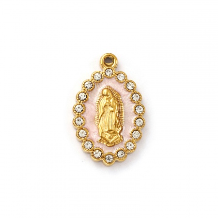 Picture of 2 PCs Eco-friendly PVD Vacuum Plating Waterproof Anti-Tarnish Hypoallergenic 304 Stainless Steel Religious Charms 18K Real Gold Plated Pink Enamel Oval Virgin Mary Pearlized Clear Cubic Zirconia 24mm x 15mm