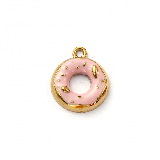 Picture of 2 PCs Eco-friendly PVD Vacuum Plating 304 Stainless Steel Charms 18K Real Gold Plated Pink Enamel Donut 18mm x 15mm