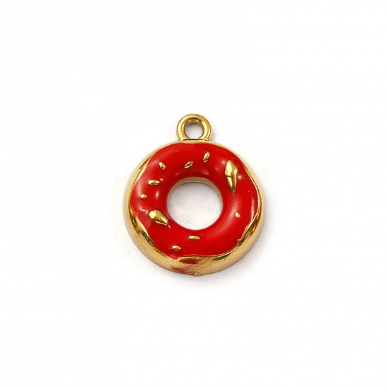 Picture of 2 PCs Eco-friendly PVD Vacuum Plating 304 Stainless Steel Charms 18K Real Gold Plated Red Enamel Donut 18mm x 15mm