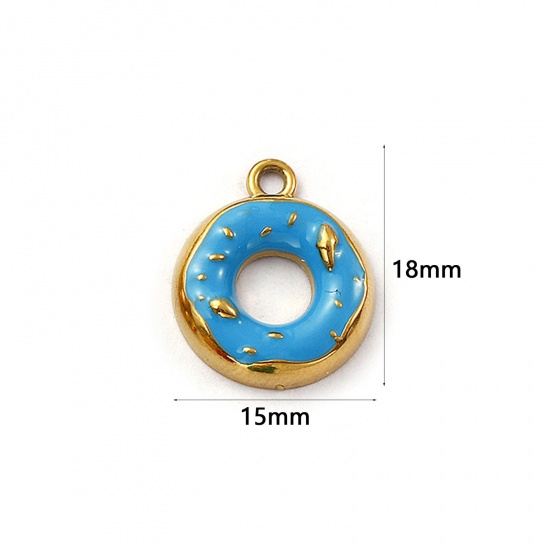 Picture of 2 PCs Eco-friendly PVD Vacuum Plating 304 Stainless Steel Charms 18K Real Gold Plated Blue Enamel Donut 18mm x 15mm