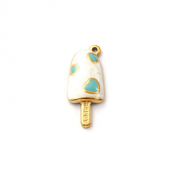 Picture of 2 PCs Eco-friendly PVD Vacuum Plating 304 Stainless Steel Charms 18K Real Gold Plated Green Enamel Ice Lolly Heart Message " Happy " Pearlized 28mm x 12mm