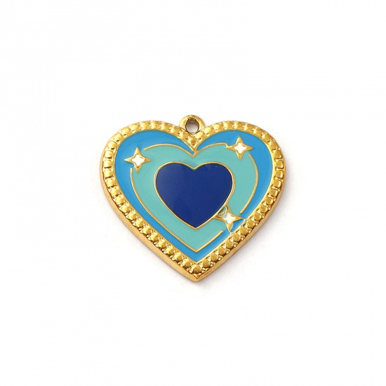Picture of 2 PCs Eco-friendly PVD Vacuum Plating 304 Stainless Steel Valentine's Day Charms 18K Real Gold Plated Dark Blue Enamel Heart Star 25mm x 24mm
