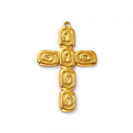 Picture of 1 Piece Eco-friendly PVD Vacuum Plating Waterproof Anti-Tarnish Hypoallergenic 304 Stainless Steel Religious Pendants 18K Real Gold Plated Cross 4.8cm x 3.1cm