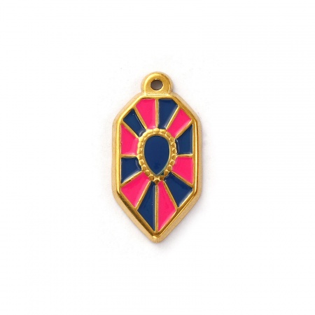 Picture of 1 Piece Eco-friendly PVD Vacuum Plating Waterproof Anti-Tarnish Hypoallergenic 304 Stainless Steel Charms 18K Real Gold Plated Fuchsia Enamel Heptagon Drop 24mm x 13mm