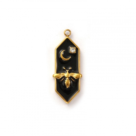 Picture of 1 Piece Eco-friendly PVD Vacuum Plating Waterproof Anti-Tarnish Hypoallergenic 304 Stainless Steel Charms 18K Real Gold Plated Black Enamel Hexagon Bee Clear Cubic Zirconia 25mm x 10mm