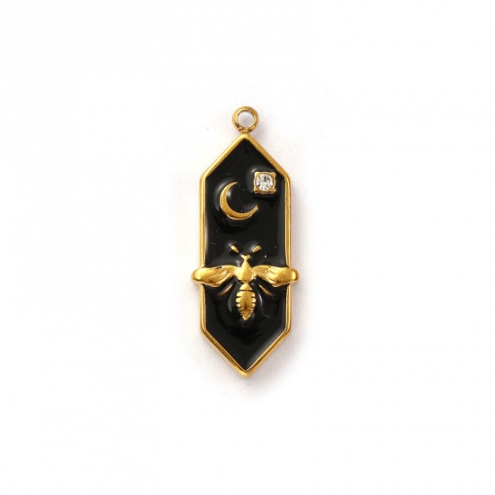 Immagine di 1 Pz Placcatura Sottovuoto PVD Ecologica 304 Acciaio Inossidabile Ciondoli 18K Vero Oro Placcato Nero Smalto Esagono Ape Trasparente Cubic Zirconiae 25mm x 10mm
