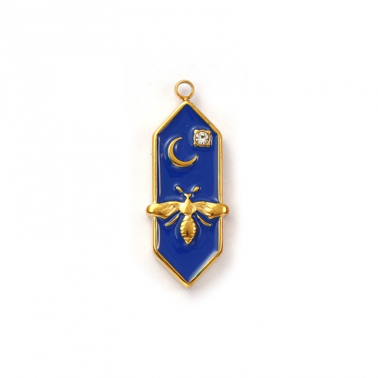 Immagine di 1 Pz Placcatura Sottovuoto PVD Ecologica 304 Acciaio Inossidabile Ciondoli 18K Vero Oro Placcato Blu Scuro Smalto Esagono Ape Trasparente Cubic Zirconiae 25mm x 10mm