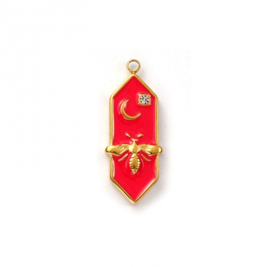 Immagine di 1 Pz Placcatura Sottovuoto PVD Ecologica 304 Acciaio Inossidabile Ciondoli 18K Vero Oro Placcato Rosso Prugna Smalto Esagono Ape Trasparente Cubic Zirconiae 25mm x 10mm