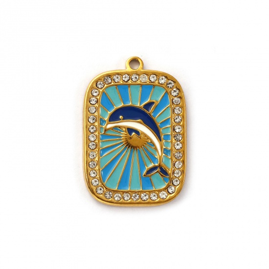 Immagine di 1 Pz Placcatura Sottovuoto PVD Ecologica 304 Acciaio Inossidabile Gioielli Oceanici Ciondoli 18K Vero Oro Placcato Multicolore Smalto Rettangolo Delfino Trasparente Cubic Zirconiae 27mm x 19mm