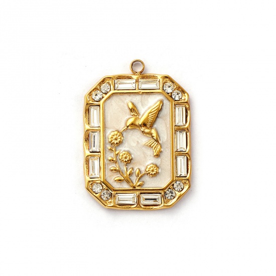 Immagine di 1 Pz Placcatura Sottovuoto PVD Ecologica 304 Acciaio Inossidabile Ciondoli 18K Vero Oro Placcato Bianco Smalto Ottagono Colibrì Madreperla Trasparente Cubic Zirconiae 29mm x 21mm