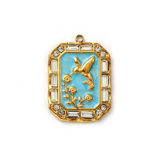 Immagine di 1 Pz Placcatura Sottovuoto PVD Ecologica 304 Acciaio Inossidabile Ciondoli 18K Vero Oro Placcato Blu Smalto Ottagono Colibrì Madreperla Trasparente Cubic Zirconiae 29mm x 21mm