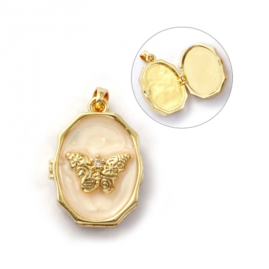 Picture of 1 Piece Eco-friendly Brass Picture Photo Locket Frame Pendants 18K Real Gold Plated Creamy-White Enamel Oval Butterfly Can Open Clear Cubic Zirconia 25mm x 15mm