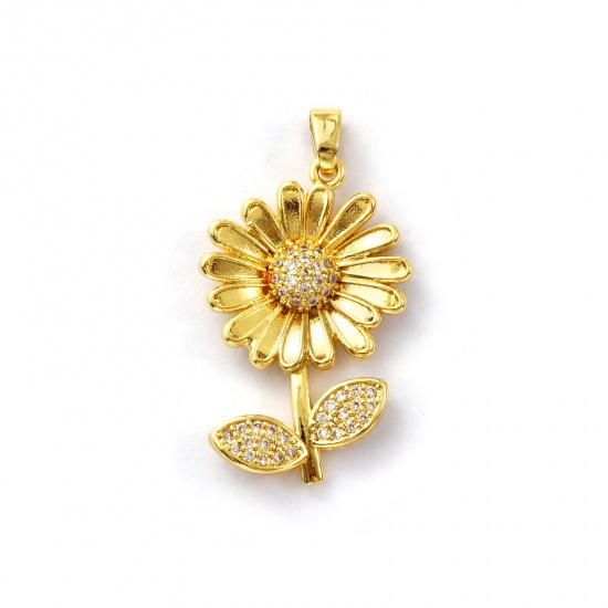 Immagine di 2 Pz Ecologico Ottone Ciondoli Pendenti 18K Vero Oro Placcato Fiore Margherita Micro Spianare Trasparente Cubic Zirconiae 3.2cm x 1.8cm