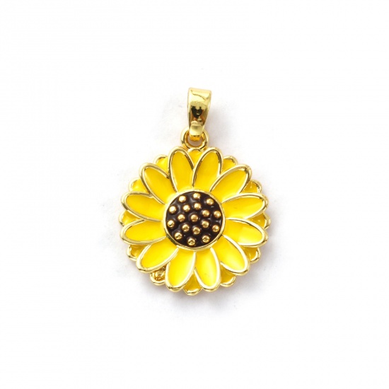 Immagine di 2 Pz Ecologico Ottone Ciondoli Pendenti 18K Vero Oro Placcato Giallo Smalto Fiore Margherita 24mm x 17mm