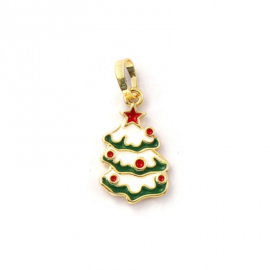 Immagine di 2 Pz Ecologico Ottone Ciondoli Pendenti 18K Vero Oro Placcato Verde Smalto Albero di Natale 26mm x 12mm