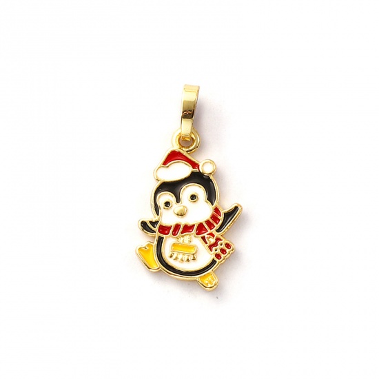 Immagine di 2 Pz Ecologico Ottone Natale Ciondoli Pendenti 18K Vero Oro Placcato Rosso Smalto Pinguino 27mm x 13mm