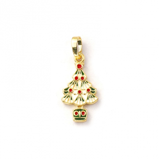 Immagine di 2 Pz Ecologico Ottone Ciondoli Pendenti 18K Vero Oro Placcato Verde Smalto Albero di Natale 28mm x 12mm