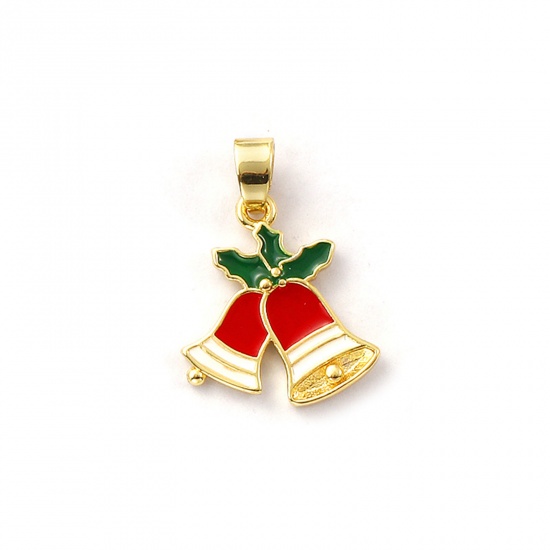 Immagine di 2 Pz Ecologico Ottone Ciondoli Pendenti 18K Vero Oro Placcato Rosso Smalto Natale Jingling Campanello 25mm x 18mm