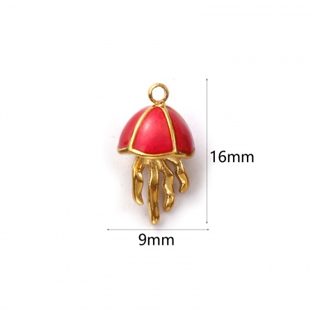 Picture of 1 Piece Eco-friendly PVD Vacuum Plating Waterproof Anti-Tarnish Hypoallergenic 304 Stainless Steel Ocean Jewelry Charms 18K Real Gold Plated Red Enamel Jellyfish 3D 16mm x 9mm