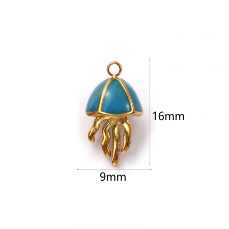 Picture of 1 Piece Eco-friendly PVD Vacuum Plating Waterproof Anti-Tarnish Hypoallergenic 304 Stainless Steel Ocean Jewelry Charms 18K Real Gold Plated Blue Enamel Jellyfish 3D 16mm x 9mm