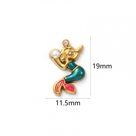 Picture of 1 Piece Eco-friendly PVD Vacuum Plating Waterproof Anti-Tarnish Hypoallergenic 304 Stainless Steel Ocean Jewelry Charms 18K Real Gold Plated Green Enamel Mermaid Acrylic Imitation Pearl Clear Cubic Zirconia 19mm x 11.5mm