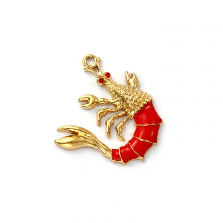 Picture of 1 Piece Eco-friendly PVD Vacuum Plating Waterproof Anti-Tarnish Hypoallergenic 304 Stainless Steel Ocean Jewelry Charms 18K Real Gold Plated Red Enamel Lobster Red Cubic Zirconia 26.5mm x 25mm