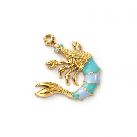 Picture of 1 Piece Eco-friendly PVD Vacuum Plating Waterproof Anti-Tarnish Hypoallergenic 304 Stainless Steel Ocean Jewelry Charms 18K Real Gold Plated Green Blue Enamel Lobster Blue Cubic Zirconia 26.5mm x 25mm