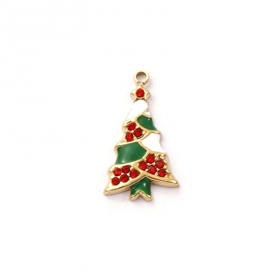 Immagine di 1 Pz Placcatura Sottovuoto PVD Ecologica 304 Acciaio Inossidabile Ciondoli 18K Vero Oro Placcato Verde Smalto Albero di Natale Rosso Cubic Zirconiae 20mm x 11mm