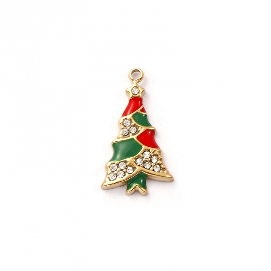 Immagine di 1 Pz Placcatura Sottovuoto PVD Ecologica 304 Acciaio Inossidabile Ciondoli 18K Vero Oro Placcato Verde Smalto Albero di Natale Trasparente Cubic Zirconiae 20mm x 11mm