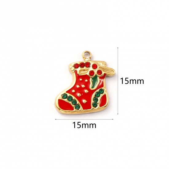 Immagine di 1 Pz Placcatura Sottovuoto PVD Ecologica 304 Acciaio Inossidabile Ciondoli 18K Vero Oro Placcato Rosso Smalto Calza di Natale Rosso Cubic Zirconiae 15mm x 15mm