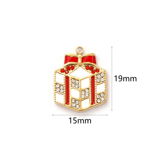 Immagine di 1 Pz Placcatura Sottovuoto PVD Ecologica 304 Acciaio Inossidabile Natale Ciondoli 18K Vero Oro Placcato Bianco Smalto Scatola per Regalo Rosso Cubic Zirconiae 19mm x 15mm