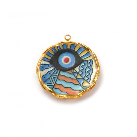 Immagine di 2 Pz Placcatura Sottovuoto PVD Ecologica 304 Acciaio Inossidabile Religione Ciondoli 18K Vero Oro Placcato Multicolore Smalto Tondo Malocchio 25.5mm x 23.5mm
