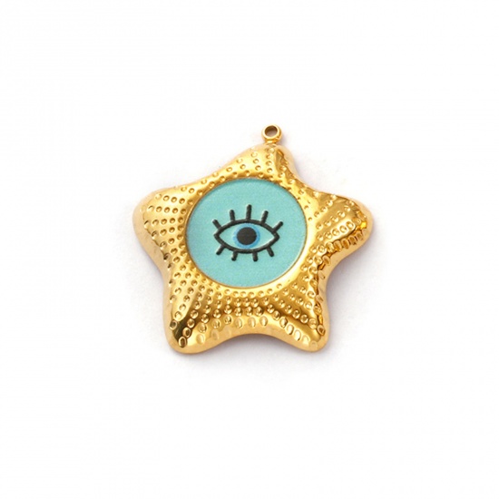 Immagine di 2 Pz Placcatura Sottovuoto PVD Ecologica 304 Acciaio Inossidabile Religione Ciondoli 18K Vero Oro Placcato Verde Blu Smalto Stella di Mare Malocchio 29mm x 28mm