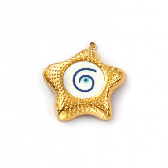 Immagine di 2 Pz Placcatura Sottovuoto PVD Ecologica 304 Acciaio Inossidabile Religione Ciondoli 18K Vero Oro Placcato Bianco Smalto Stella di Mare Malocchio 29mm x 28mm