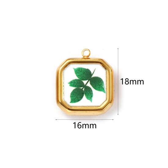 Immagine di 2 Pz Placcatura Sottovuoto PVD Ecologica 304 Acciaio Inossidabile Ciondoli 18K Vero Oro Placcato Verde Ottagono Foglia di Eucalipto Stampato 18mm x 16mm