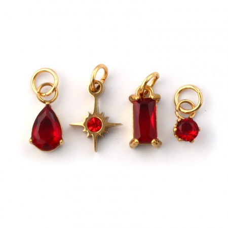 Picture of 1 Set ( 4 PCs/Set) Eco-friendly PVD Vacuum Plating Waterproof Anti-Tarnish Hypoallergenic 304 Stainless Steel January Birthstone Charms 18K Real Gold Plated Mini Wine Red Cubic Zirconia 12x7mm - 9x3.5mm