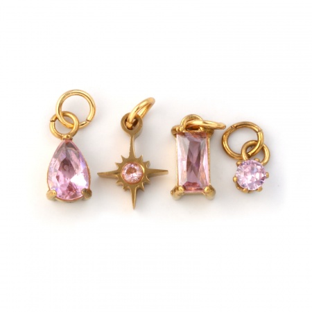 Picture of 1 Set ( 4 PCs/Set) Eco-friendly PVD Vacuum Plating Waterproof Anti-Tarnish Hypoallergenic 304 Stainless Steel October Birthstone Charms 18K Real Gold Plated Mini Pink Cubic Zirconia 12x7mm - 9x3.5mm