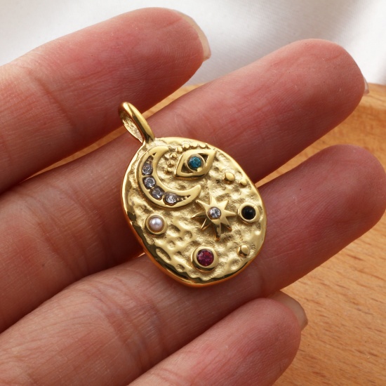 Immagine di 1 Pz Placcatura Sottovuoto PVD Ecologica 304 Acciaio Inossidabile Galassia Ciondoli 18K Vero Oro Placcato Irregolare Luna Perla Imitato Acrilico Multicolore Cubic Zirconiae 26mm x 17mm