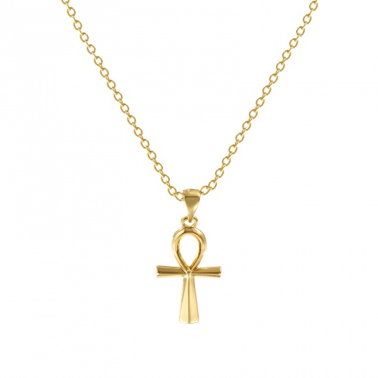Immagine di 18K Vero Oro Placcato Catena a Cavo Croce Egiziana Collana con Ciondolo, Ottone 46cm + 6cm, Per Donne, Filigrana, Retrò Religione Regalo, Ecologico, 1 Pz