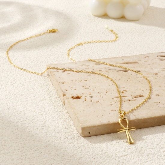Immagine di 18K Vero Oro Placcato Catena a Cavo Croce Egiziana Collana con Ciondolo, Ottone 46cm + 6cm, Per Donne, Filigrana, Retrò Religione Regalo, Ecologico, 1 Pz