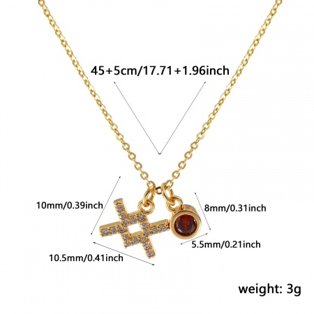 Picture of 18K Real Gold Plated Link Cable Chain Aquarius Sign Of Zodiac Constellations Pendant Charm Necklace, Brass 45cm(17.7") + 5cm(2"), For Women, Red Brown Cubic Zirconia January Micro Pave, Birthstone Exquisite Gift, Eco-friendly, 1 Piece